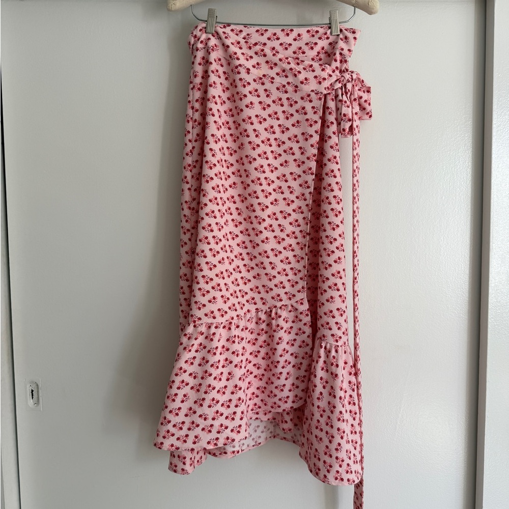 Hill House Pink and White Ruffled Wrap Midi Skirt